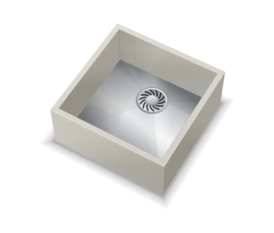 3D-aanzicht van de Stone & Steel spoelbak 40 × 40 cm met rvs bodem
